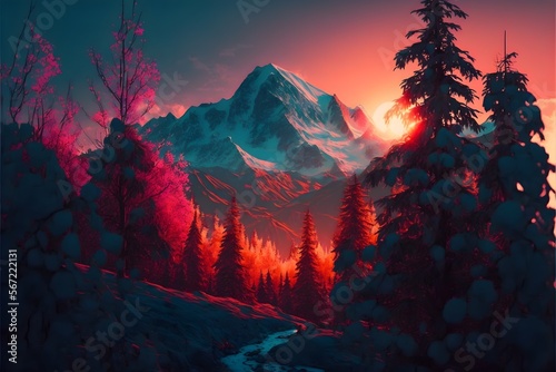 sunset over the mountains, forest, snowtop mountain, colorful forest, colorful mountain photo