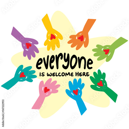 Everyone is welcome here, hand lettering. Wall art poster for kindergarten classroom