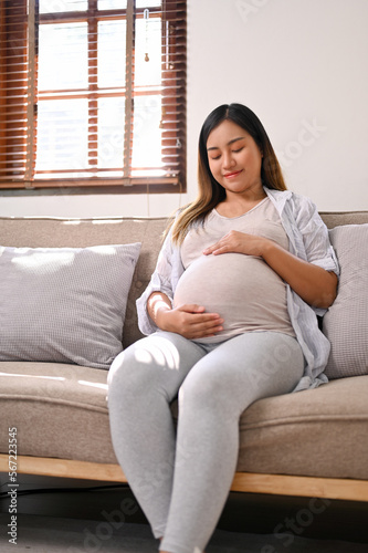Portrait of happy Asian pregnant woman relaxes on the sofa in her living room