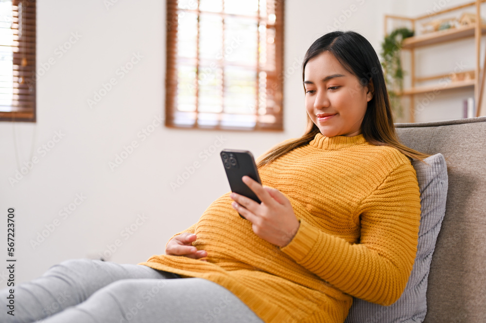 Side view of a happy Asian pregnant woman using her mobile phone on sofa. Side view of a happy Asian pregnant woman using her mobile phone on sofa.