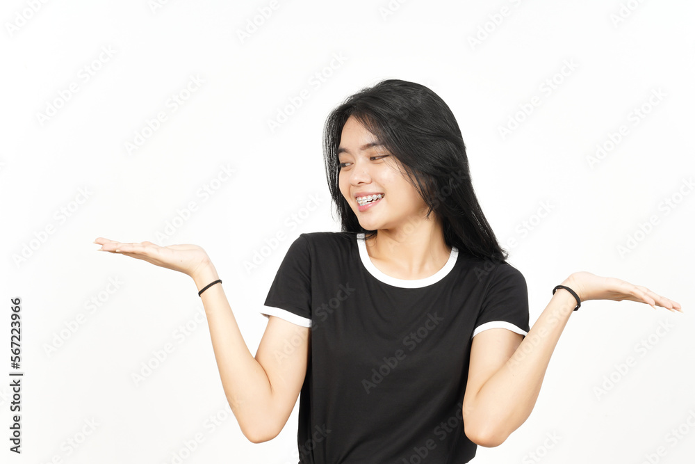 Showing and Presenting Two Product on Open Palm Of Beautiful Asian Woman Isolated On White Showing and Presenting Two Product on Open Palm Of Beautiful Asian Woman Isolated On White