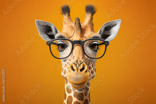 Giraffe with glasses on an orange background. Generative AI.