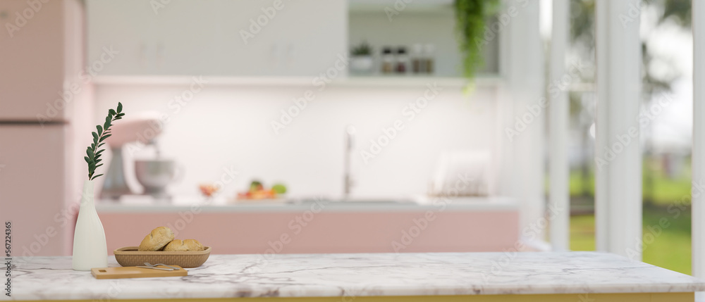 Copy space on white marble tabletop in beautiful pastel pink