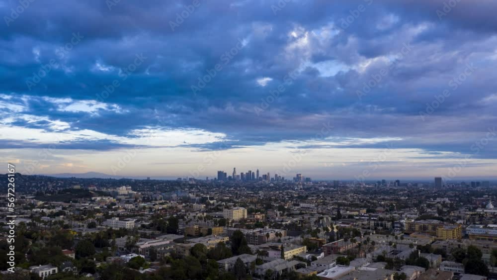 Drone hyperlapse over Hollywood with downtown skyline in the distance Drone hyperlapse over Hollywood with downtown skyline in the distance