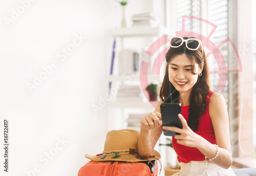 Identity scan young adult asian woman buy airplane ticket and online check in service via smartphone
