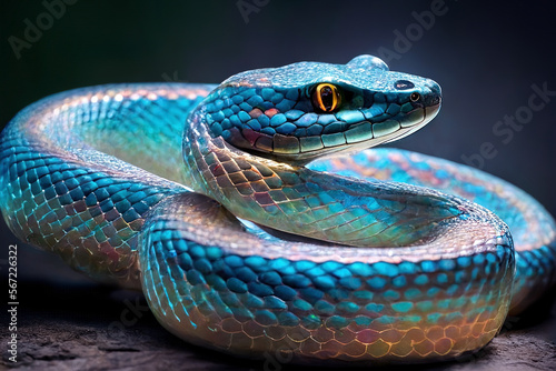 Colored blue beautiful exotic snake with golden eyes, ready to attack and very dangerous, reworked and enhanced ai generative mattepainting illustration photo