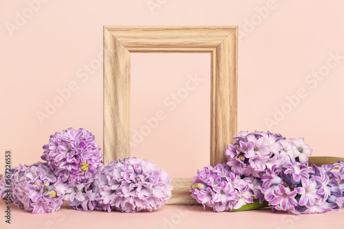 Fototapeta Naklejka Na Ścianę i Meble -  Composition with empty picture frame and beautiful hyacinth flowers on color background