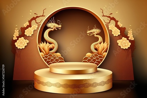 Asian Style Background Template With Podium For Products Display And Pig stock illustration Chinese New Year, Vector