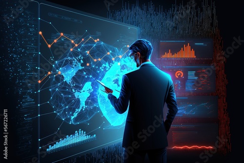 Big data technology and data science. Data scientist querying, analysing and visualizing complex data set on virtual screen. Data flow concept. Business analytics, finance, neural network, AI, ML