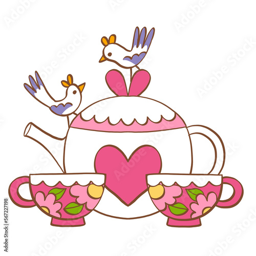 Tea time love birds couple Valentine's day illustration