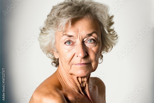 Studio Headshot of a Shirtless senior woman looking at the camera on white background