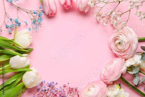 Fototapeta Naklejka Na Ścianę i Meble -  Frame made of beautiful flowers on color background. Hello spring