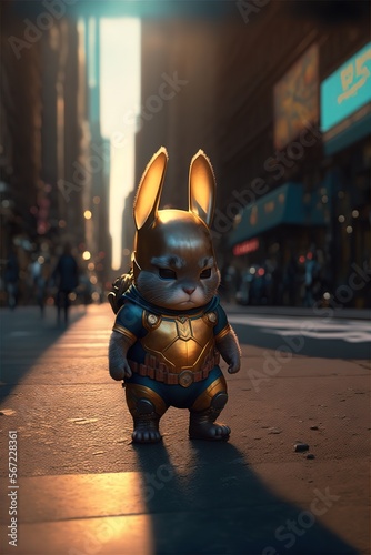 a baby Rabbit superhero in the streets of New York  on steroids  golden hour