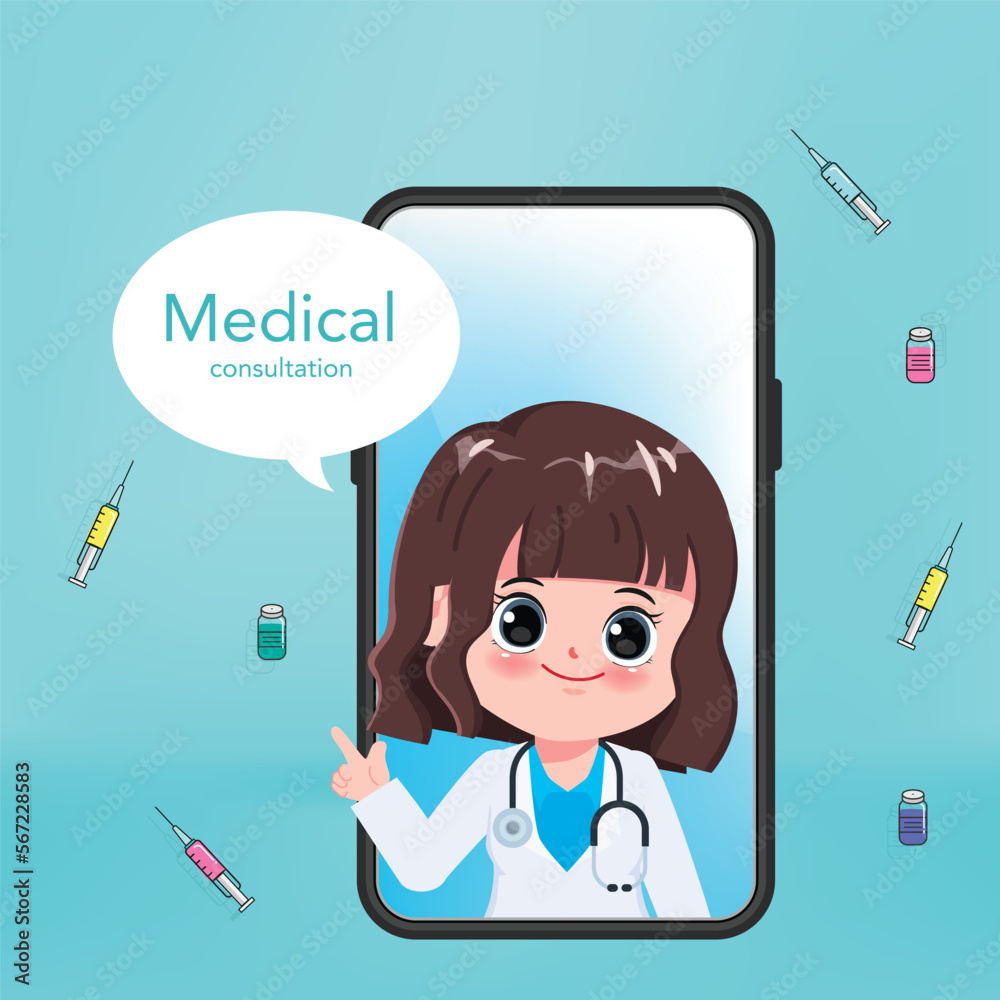 Online doctor character on mobile phone with medical icon symbol. Vector people animated. Online doctor character on mobile phone with medical icon symbol. Vector people animated.