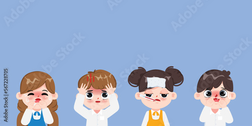 Cute animation children sick with discomfort symptom character. Vector children character design.