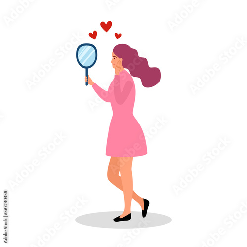 High self esteem concept vector illustration. Woman looking in a mirror with happiness. Self love.