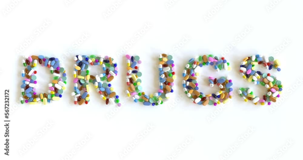 3D Rendered Medicine Pills Arranged to Form the Word Drugs Animation Loop 3D Rendered Medicine Pills Arranged to Form the Word Drugs Animation Loop