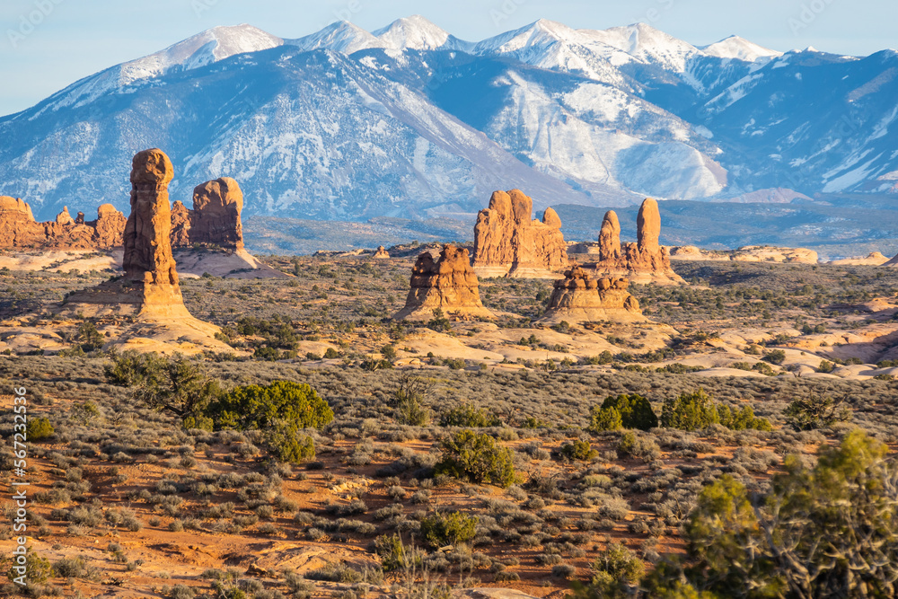 Rock formations with distant snow-covered mountains in the distance in Arches National Park.