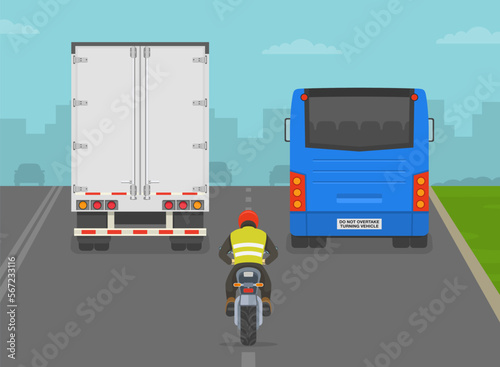 Safe motorcycle riding tips. Moto rider tries to ride between bus and truck on two lane road. Back view. Traffic flow on city road. Flat vector illustration template.