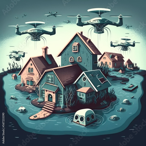 Vector Image of Flooded Houses with Drones Flying Generative AI photo