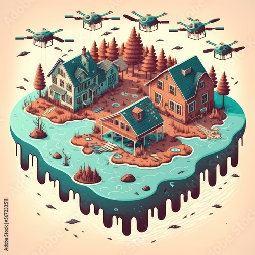 Vector Image of Flooded Houses with Drones Flying Generative AI photo