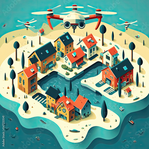 Vector Image of Flooded Community with Drones Flying Generative AI photo