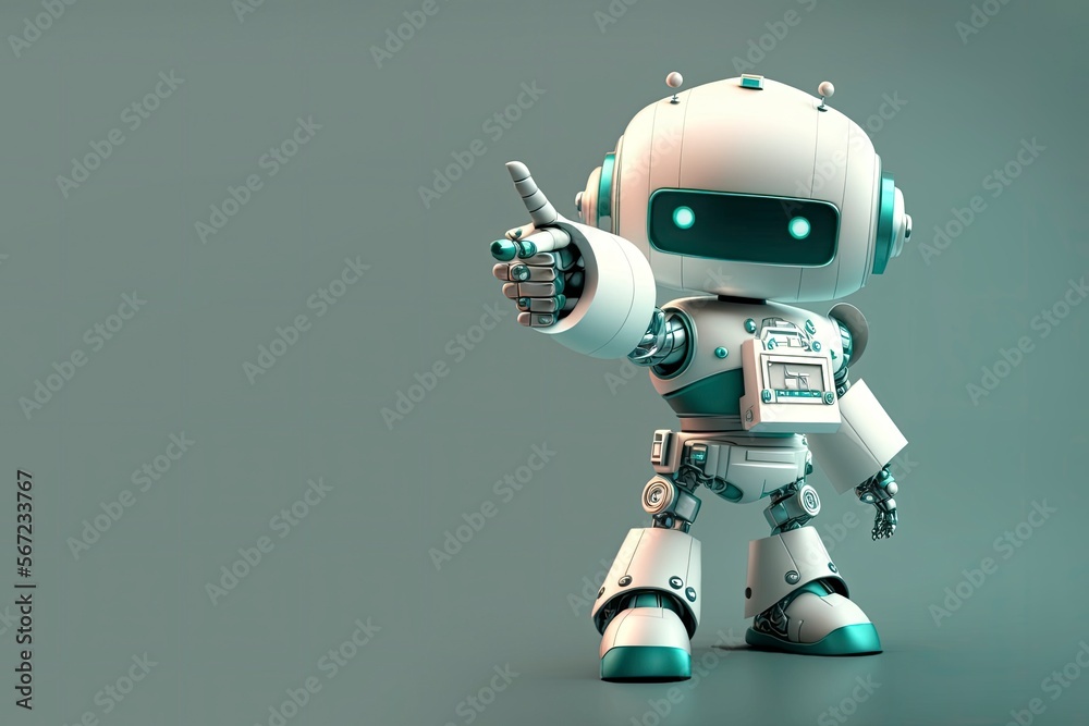 Happy cute robot pointing at a space, a friendly and cheerful robot shows the direction. 3D rendering illustration. Copy space, generative ai. Happy cute robot pointing at a space, a friendly and cheerful robot shows the direction. 3D rendering illustration. Copy space, generative ai.