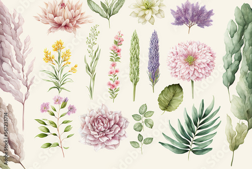 Watercolour floral illustration set. flowers. For bouquets, wreaths, wedding invitations, anniversary, birthday, prints. "Generative Ai"