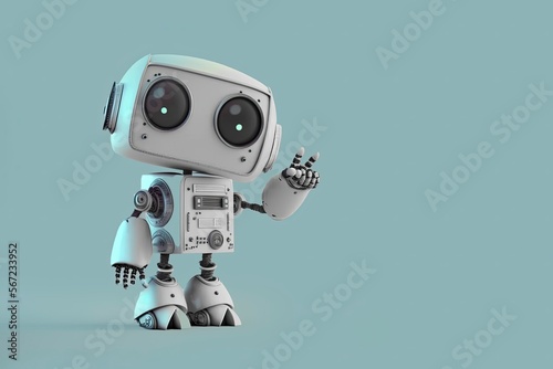 Happy cute robot with peace hand sign. Friendly robot showing two fingers very cute. 3D rendering illustration. Copy space, generative ai.