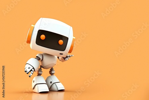 Happy cute robot pointing at a space, a friendly and cheerful robot shows the direction. 3D rendering illustration. Copy space