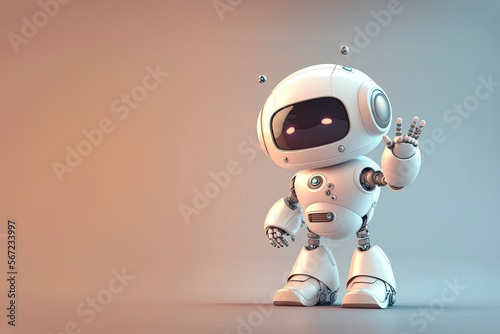 Happy cute robot isolated. Friendly robot waving with a smile, 3D rendering illustration. Copy space, generative ai.