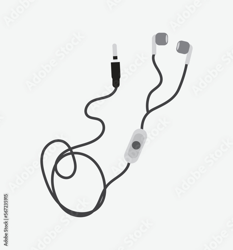 Vector earphones with connector and switch controller. Isolated object on white background. 