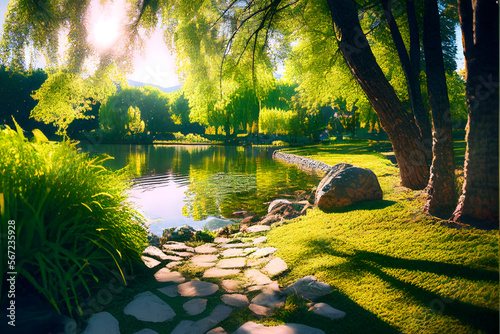 Summer Spring Landscape by the lake with Stone Path and Surrounded by Trees 2. Generative AI.