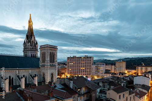 Fototapeta Naklejka Na Ścianę i Meble -  City center of Saint-Chamon aerial view in the evening.