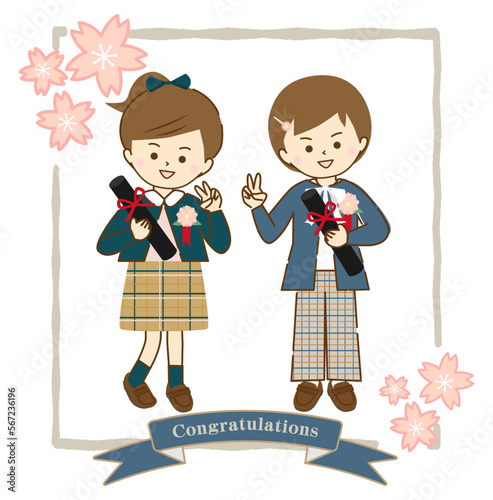 卒業式に友達と笑顔で記念撮影をする女の子②(桜とリボンフレーム付き)