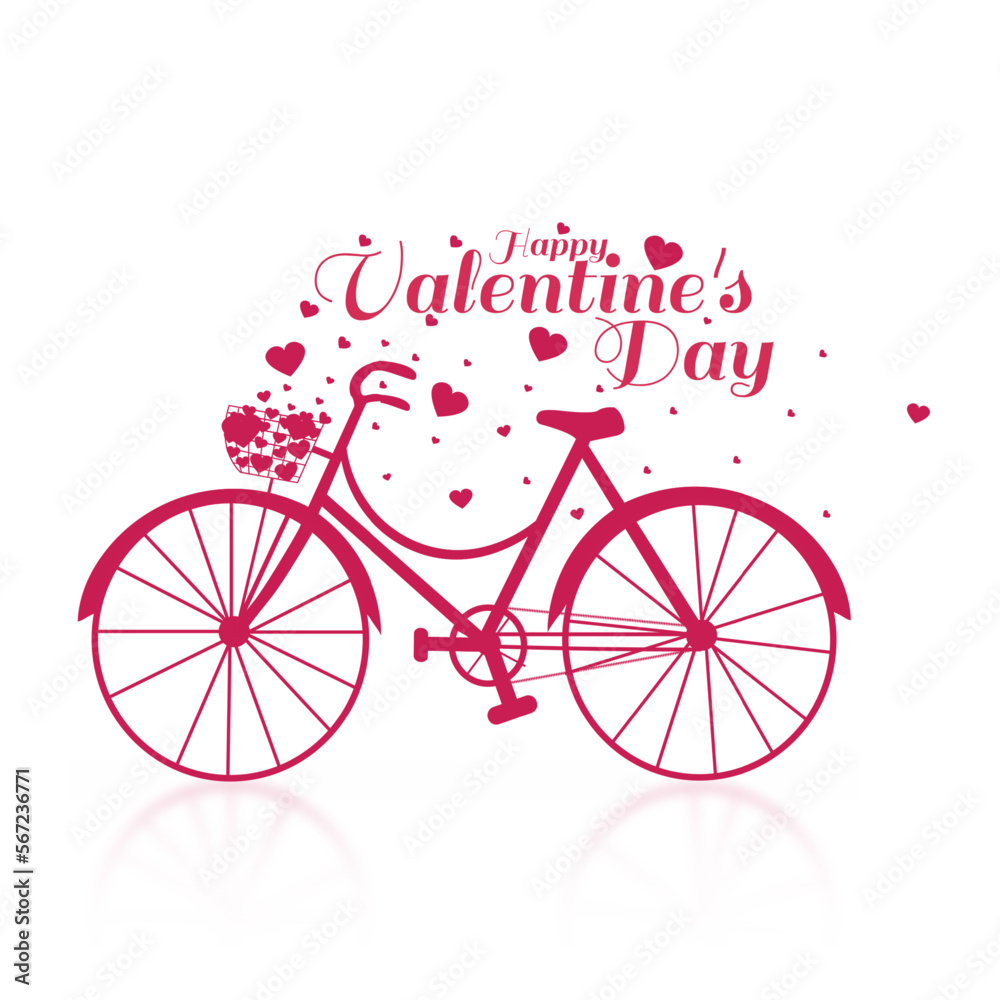 Valentine's day. Red bicycle with heart flying from bicycle basket isolated on white background. Vector illustration.