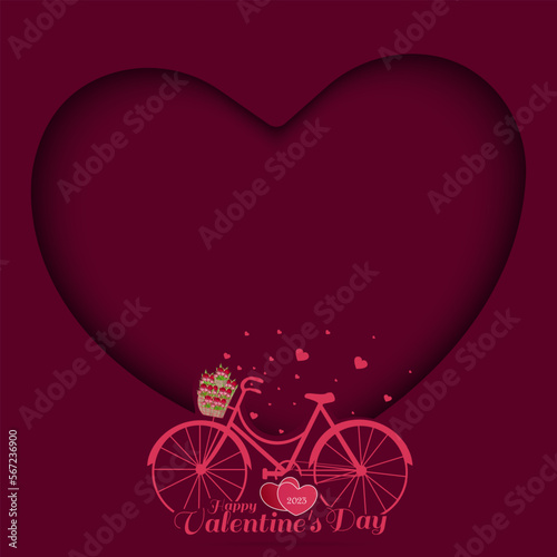 Valentine's Day concept. Illustration of Love and Valentine's Day Greeting Card. Rose bouquet on pink bicycle.