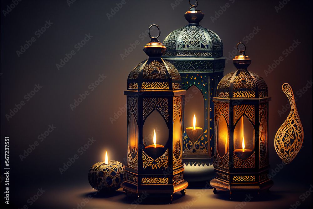 Ornamental Arabic Lanterns on a Dark and Moody Background AI generative