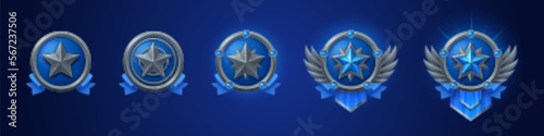 Cartoon set of silver game badges of different rank isolated on dark blue background. Vector illustration of round medals with star, blue ribbon and metal textures. Collection of level awards