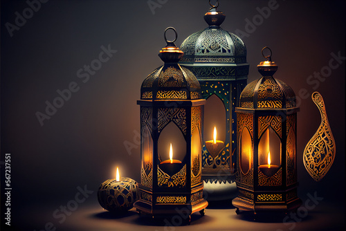 Ornamental Arabic Lanterns on a Dark and Moody Background AI generative