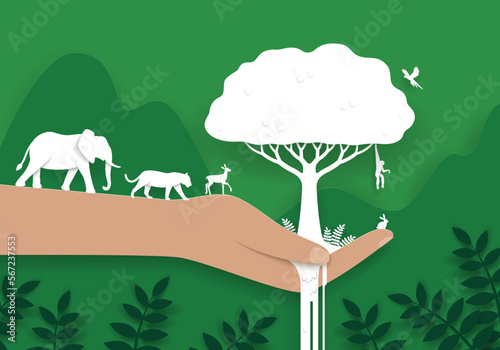 Hand drawing of a person holding a big tree and wild animals. Paper cut art style illustration