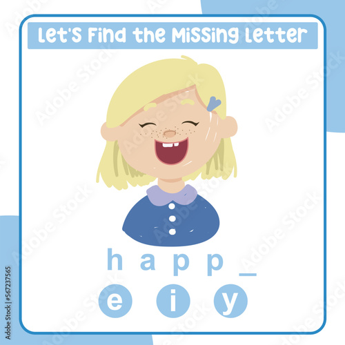 Complete the missing letter for feeling expression happy in English. Kids educational worksheet. Printable worksheet for preschool. Writing practice. Cute and Kawaii Vector file