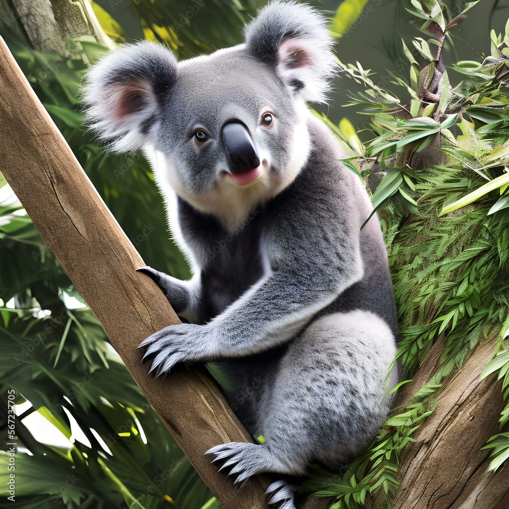 Fototapeta premium A curious koala clinging to a tree3, Generative AI