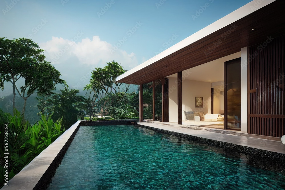 Fototapeta premium Luxury with tropical Jungle villa resort luxurious swimming pool. Generative AI illustration