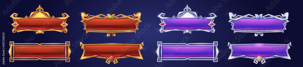 Medieval buttons, ui game menu elements, oblong banners and gold silver ...
