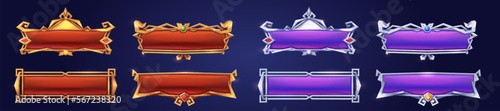 Medieval buttons, ui game menu elements, oblong banners and gold silver ornate rims. Empty royal gui bars for rpg or arcade, golden borders, web design interface Cartoon 3d vector illustration, set