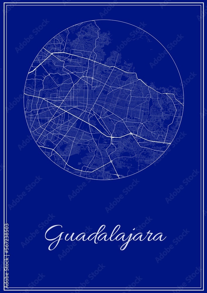 A map of Guadalajara,Mexico that shows roads and lanes, downtown and suburbs, and town center