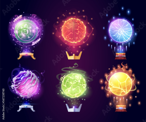 Magic crystal balls, energy spheres with light effect. Fantasy magician, sorcerer or fortune teller crystal orbs with shine, lightnings, fire and sparks, on wooden stand vector cartoon illustration