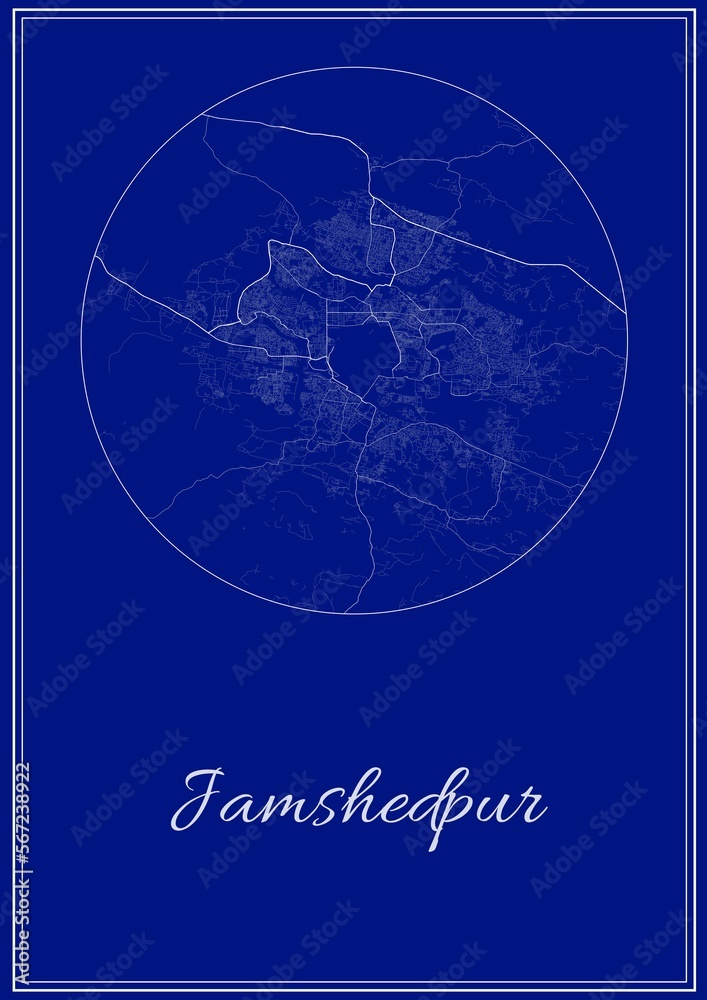 A map of Jamshedpur,India that shows roads and lanes, downtown and