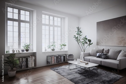 mock up poster frame in boho interior background, wooden living room design, Scandinavian style. Generative AI illustration © Interior Stock Photo